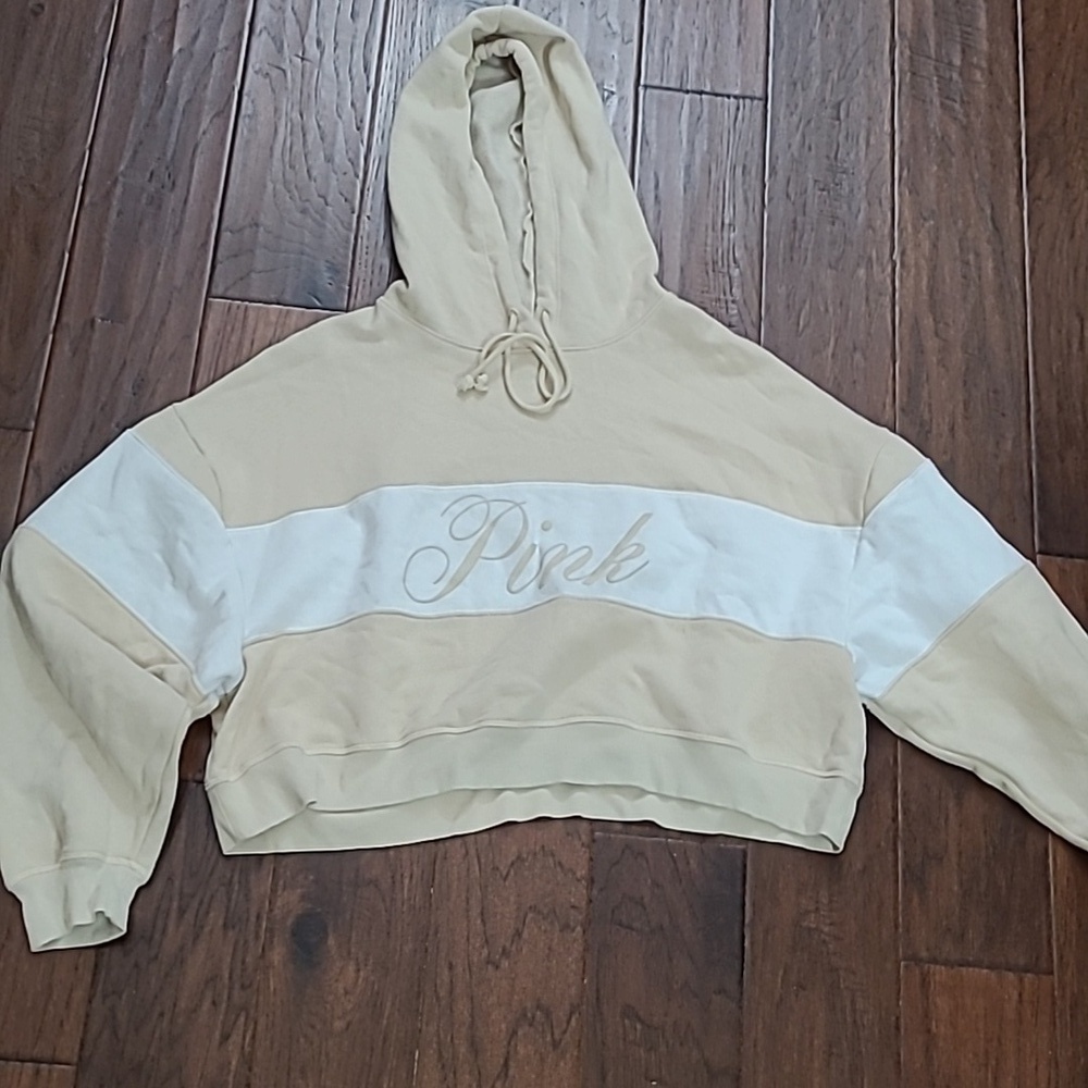 NWOT PINK Victoria's Secret Tan & White Cropped Hoodie size XL